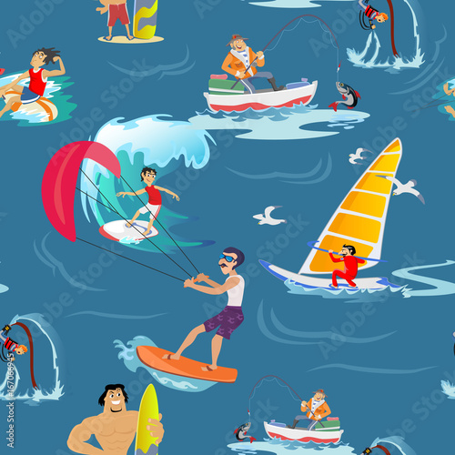 Water extreme sports seamless patterns, design elements for summer vacation activity textile, cartoon wave surfing, sea beach vector illustration, active lifestyle adventure