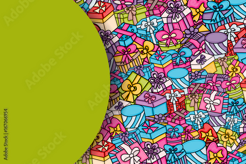 Presents and gift boxes cartoon doodle design. Cute background concept for birthday greeting card,  advertisement, banner, flyer, brochure. Hand drawn vector illustration.