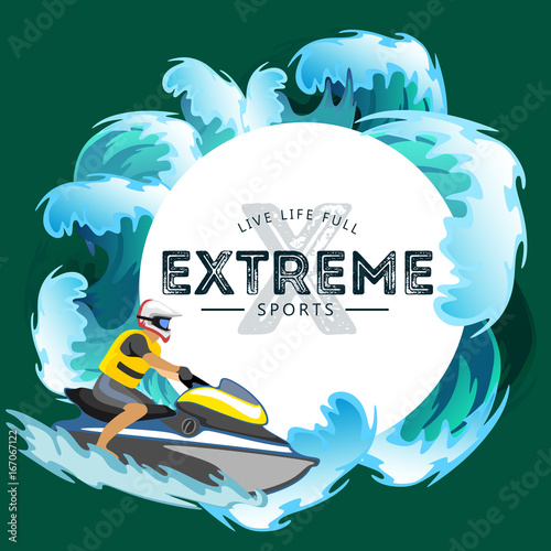 Jet ski water extreme sports, isolated design element for summer vacation activity concept, cartoon wave surfing, sea beach vector illustration, active lifestyle adventure