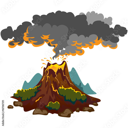 A set of volcanoes of varying degrees of eruption, a sleeping or awakening dangerous vulcan, salute from magma ashes and smoke fly out from volcano, lava flowing down the mountain vector illustration