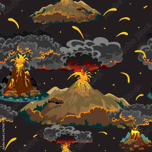 A set of volcanoes of varying degrees of eruption, a sleeping or awakening dangerous vulcan, salute from magma ashes and smoke fly out from volcano, lava flowing down the mountain vector illustration