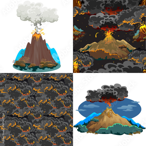 A set of volcanoes of varying degrees of eruption, a sleeping or awakening dangerous vulcan, salute from magma ashes and smoke fly out from volcano, lava flowing down the mountain vector illustration