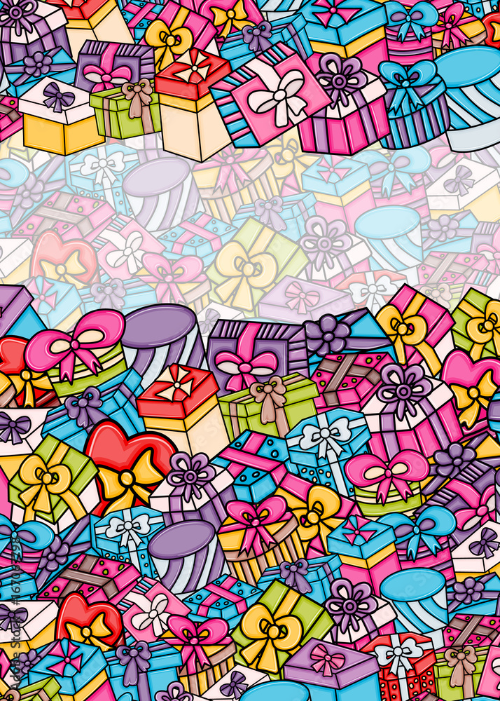Naklejka premium Presents and gift boxes cartoon doodle design. Cute background concept for birthday greeting card, advertisement, banner, flyer, brochure. Hand drawn vector illustration.