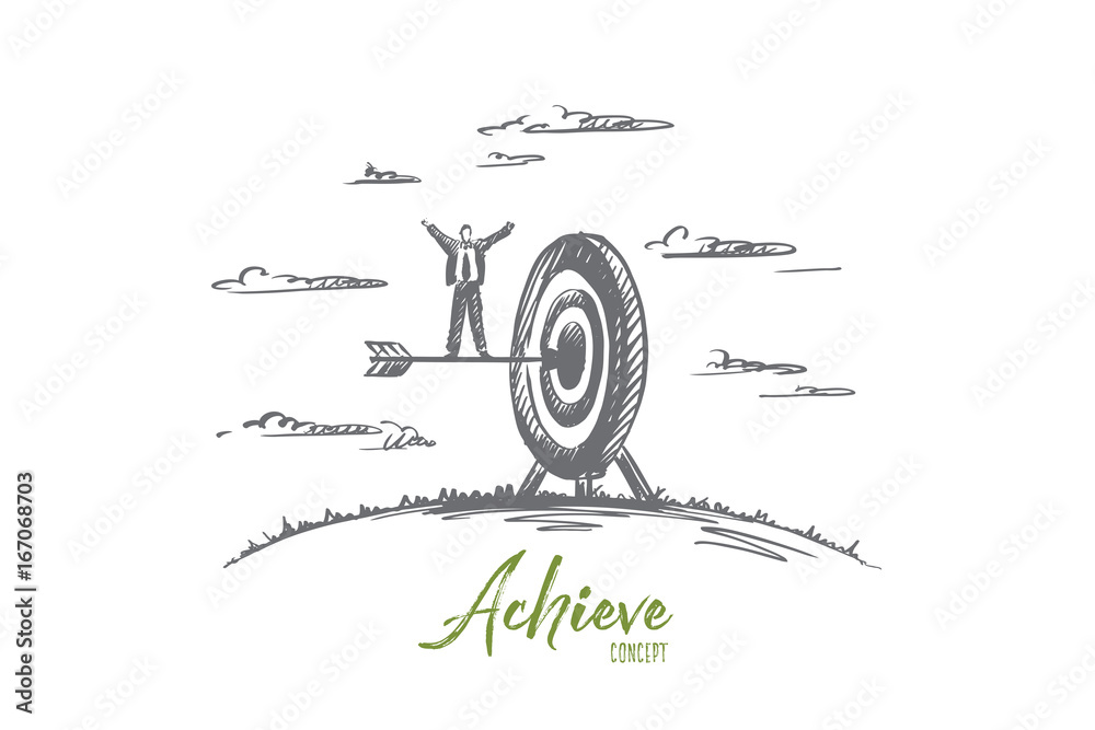 Obraz premium Achieve concept. Hand drawn arrow hitting in the target center of dartboard. Concept of achieving a goal, success businessman isolated vector illustration.