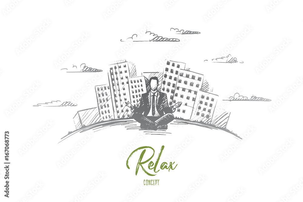 Relax concept. Hand drawn man sitting and relaxing, modern buildings on background. Businessman has a rest isolated vector illustration.