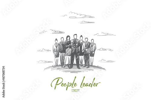 People leader concept. Hand drawn group of business people with leader at front. Successful businessman isolated vector illustration.