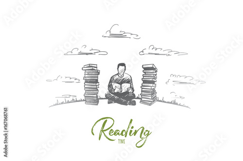 Reading time concept. Hand drawn concentrated man reading fond of literature. Male person sitting and read book isolated vector illustration.