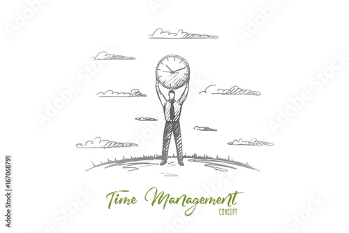 Time management concept. Hand drawn man holding big clock under his head. Businessman carrying about time and schedule isolated vector illustration.
