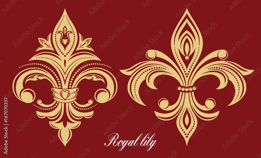 Golden royal lily. A rich pattern. Heraldic symbol. Elegant emblem in the form of a flower. Vintage drawing. Isolated object on a dark background. Vector. Golden royal lily. A rich pattern. Heraldic symbol. Elegant emblem in the form of a flower. Vintage drawing. Isolated object on a dark background. Vector.