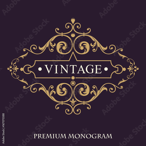 Gold decorative frame. Vector logo templates. The past. Decorative floral pattern. Monogram, initials, jewelry. Elegant emblem logo for restaurants, hotels, bars and boutiques.