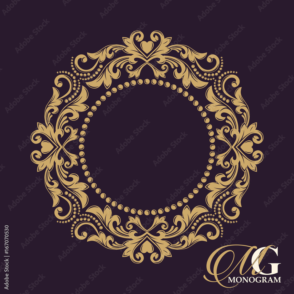 Gold graceful frame. Decorative floral border. Heraldic symbols. Monogram initials and exclusive calligraphic design elements. Vector business sign, identity for hotel, restaurant, jewelry, fashion.