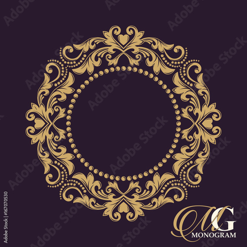 Gold graceful frame. Decorative floral border. Heraldic symbols. Monogram initials and exclusive calligraphic design elements. Vector business sign, identity for hotel, restaurant, jewelry, fashion.