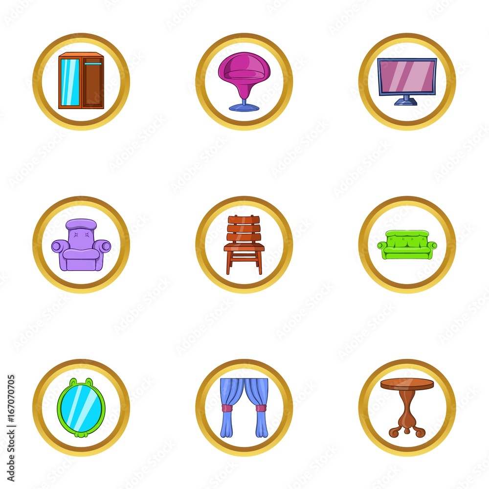 Domestic furniture icon set, cartoon style Domestic furniture icon set, cartoon style