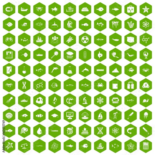 100 oceanology icons hexagon green