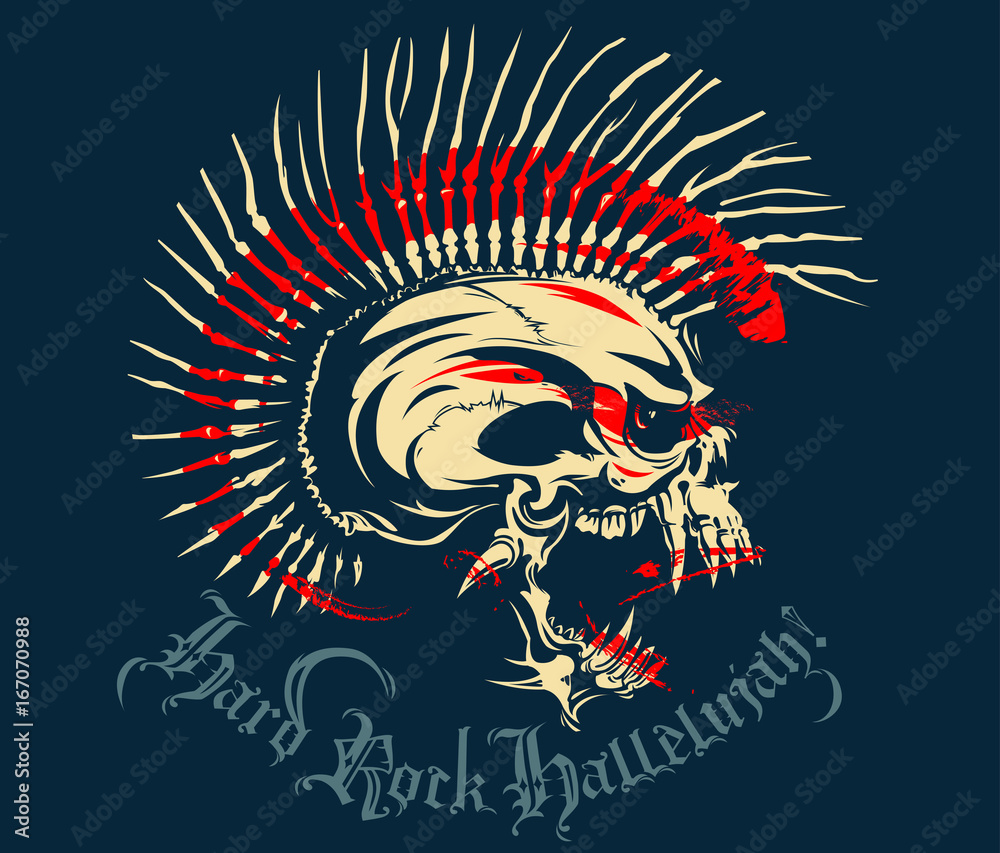 White skull with a Mohawk of bone. A drop of blood and the text Hard Rock Hallelujah. Vector Illustration punk skull with mohawk for t-shirt or tattoo design. Punk rocker. Red.