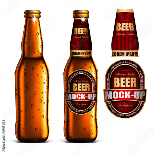 Beer-mock-up-set, golden bottle without a label, bottle with a label and a separate labels. Highly realistic illustration.