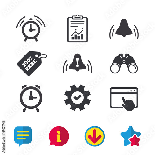 Alarm clock icons. Wake up bell signs symbols.