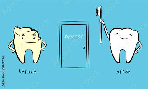 Sick and healthy tooth. Funny cartoon characters. Vector illustration.