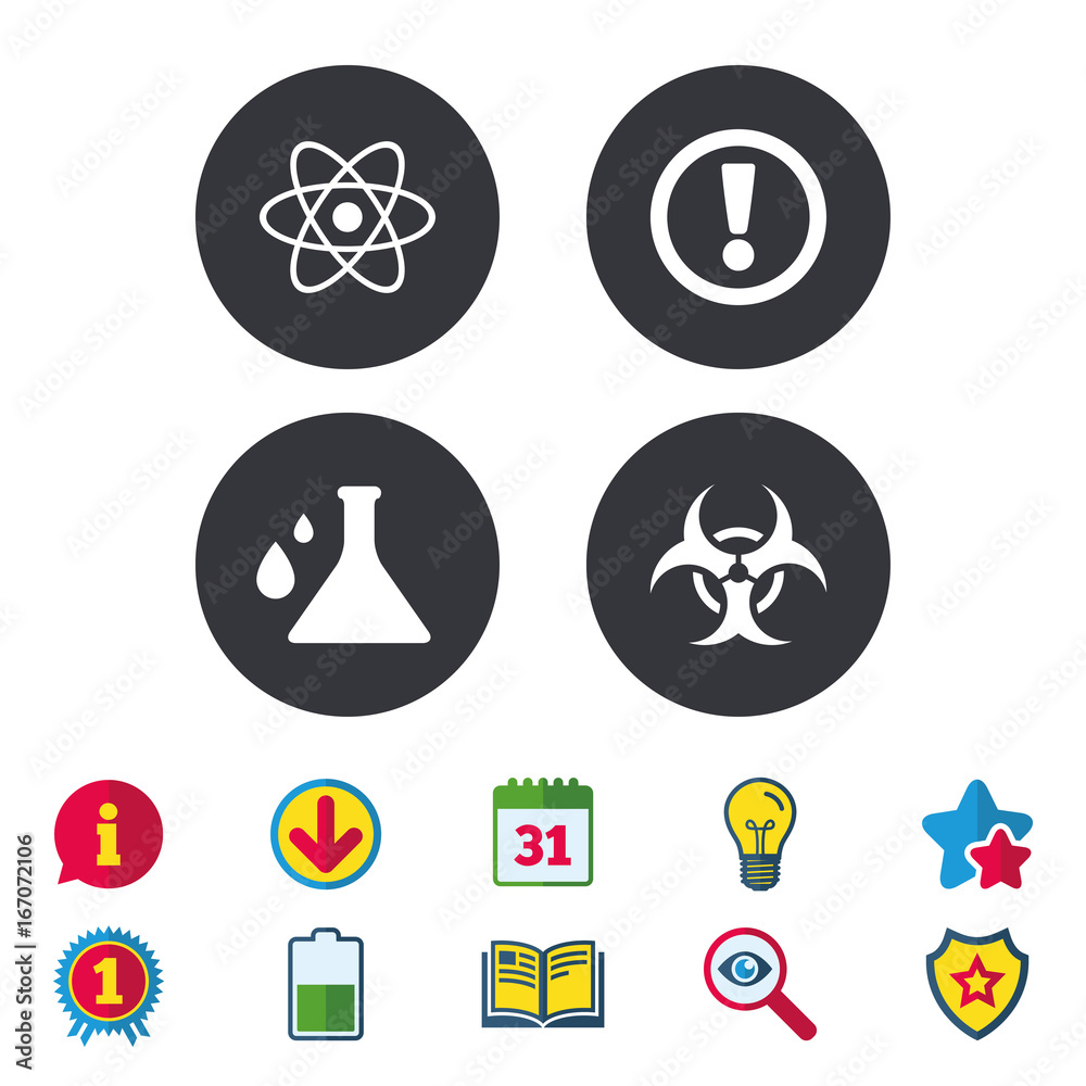 Attention biohazard icons. Chemistry flask. Attention biohazard icons. Chemistry flask.