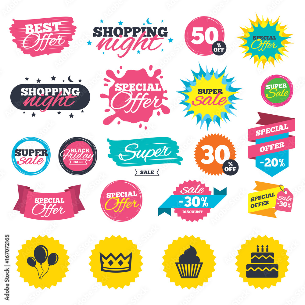 Naklejka premium Birthday party icons. Cake and cupcake symbol.