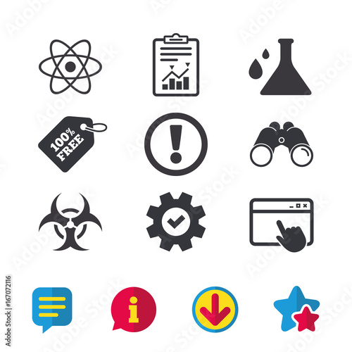 Attention biohazard icons. Chemistry flask.