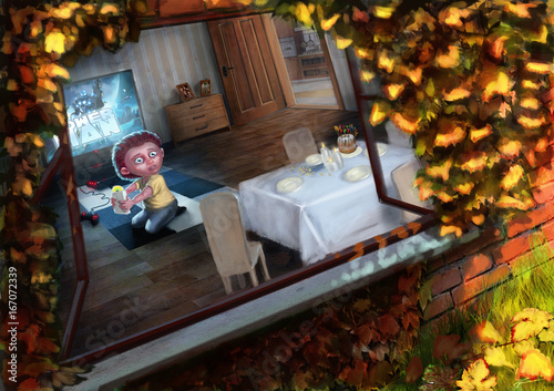 Lonely gamer child's birthday Illustration