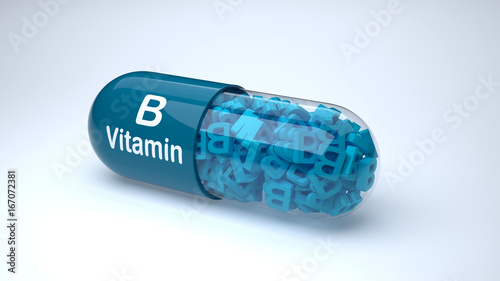 Blue pill or capsule filled with vitamin B.