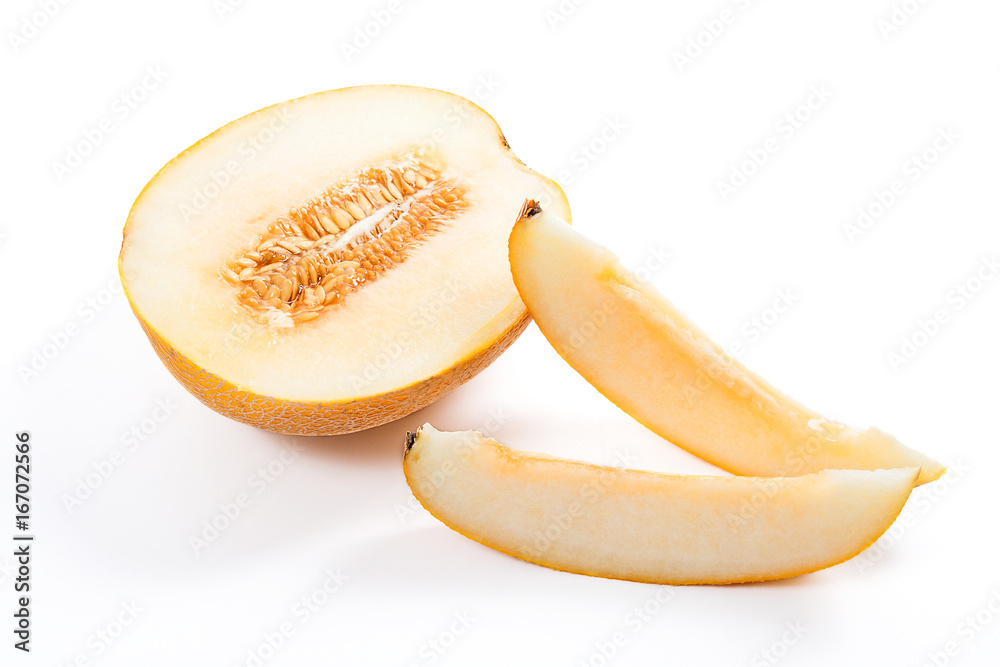 Sliced honeydew melon tropical fruit isolated on a white background.