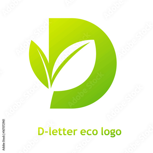 D letter eco logo isolated on white background. Organic bio logo with a leaf of sprout grass for corporate style of company or brand on letter D.