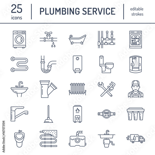 Plumbing service vector flat line icons. House bathroom equipment, faucet, toilet, pipeline, washing machine, dishwasher. Plumber repair illustration, thin linear signs for handyman services.