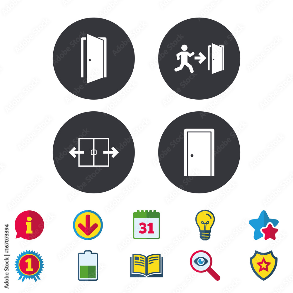 Doors signs. Emergency exit with arrow symbol. Doors signs. Emergency exit with arrow symbol.