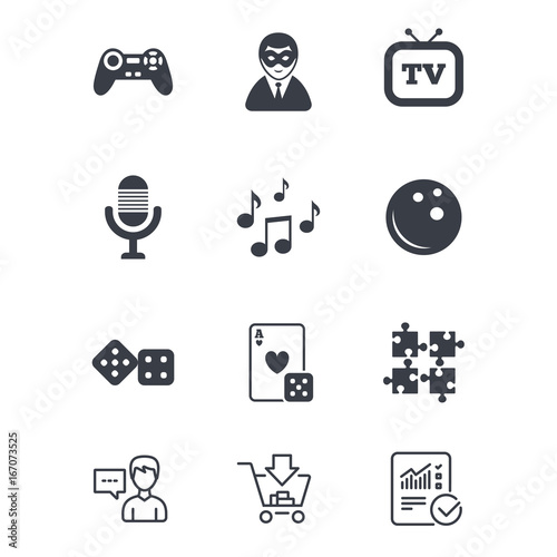 Entertainment icons. Game, bowling and puzzle.