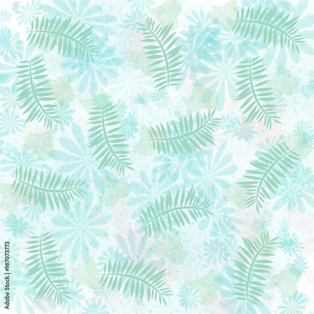 soft teal flowers and pale mint palm illustration
