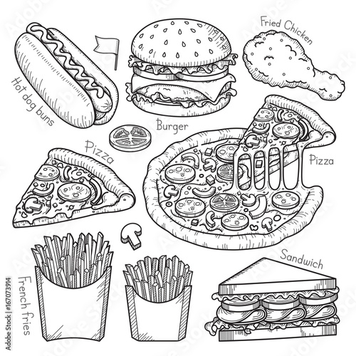 Fast food doodle elements hand drawn style. Vector Illustrations.