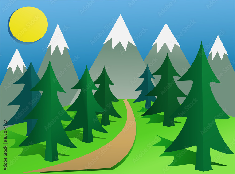 Fototapeta premium Cartoon mountain landscape with cut out paper elements