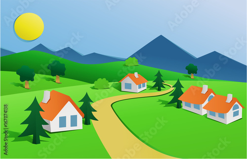 Cut out paper landscape with small village