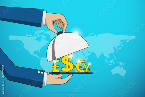 business hands open silver cloche to serve yellow currency symbol, financial and business concept