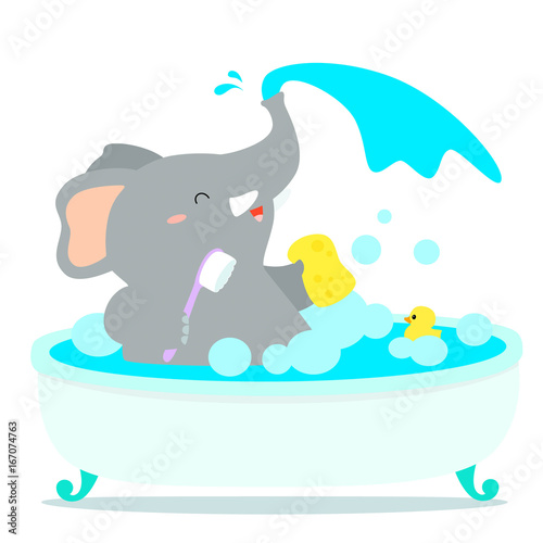 Happy elephant cartoon take a bath in tub vector.