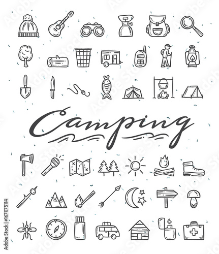 Camping hand drawn icons. Camping and picnic doodle illustrations