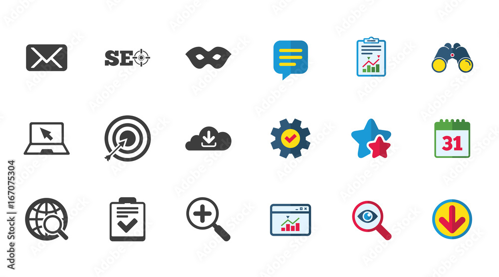 Internet, seo icons. Checklist, target signs. Internet, seo icons. Checklist, target signs.