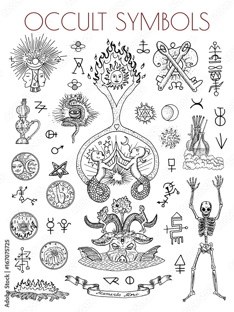 Graphic set with esoteric symbols and illustrations