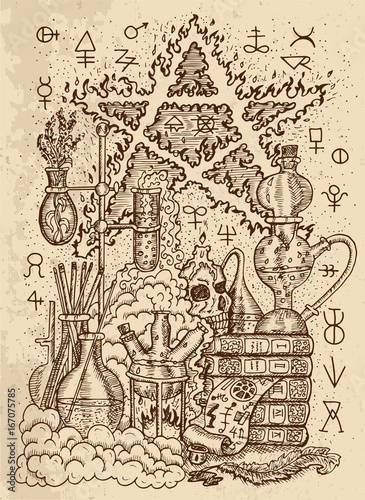 Mystic drawing with alchemical symbols, skull, fire pentagram and laboratory equipment on texture background