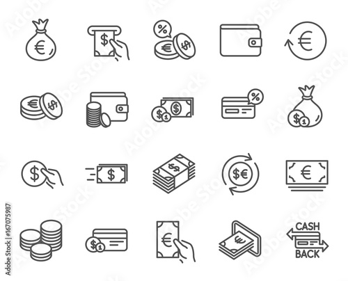Money line icons. Credit card, Cash and Coins.