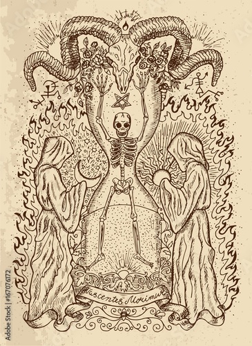 Mystic drawing with human skeleton in sandglass, monks with sun and moon, devils head and spiritual symbols on texture background