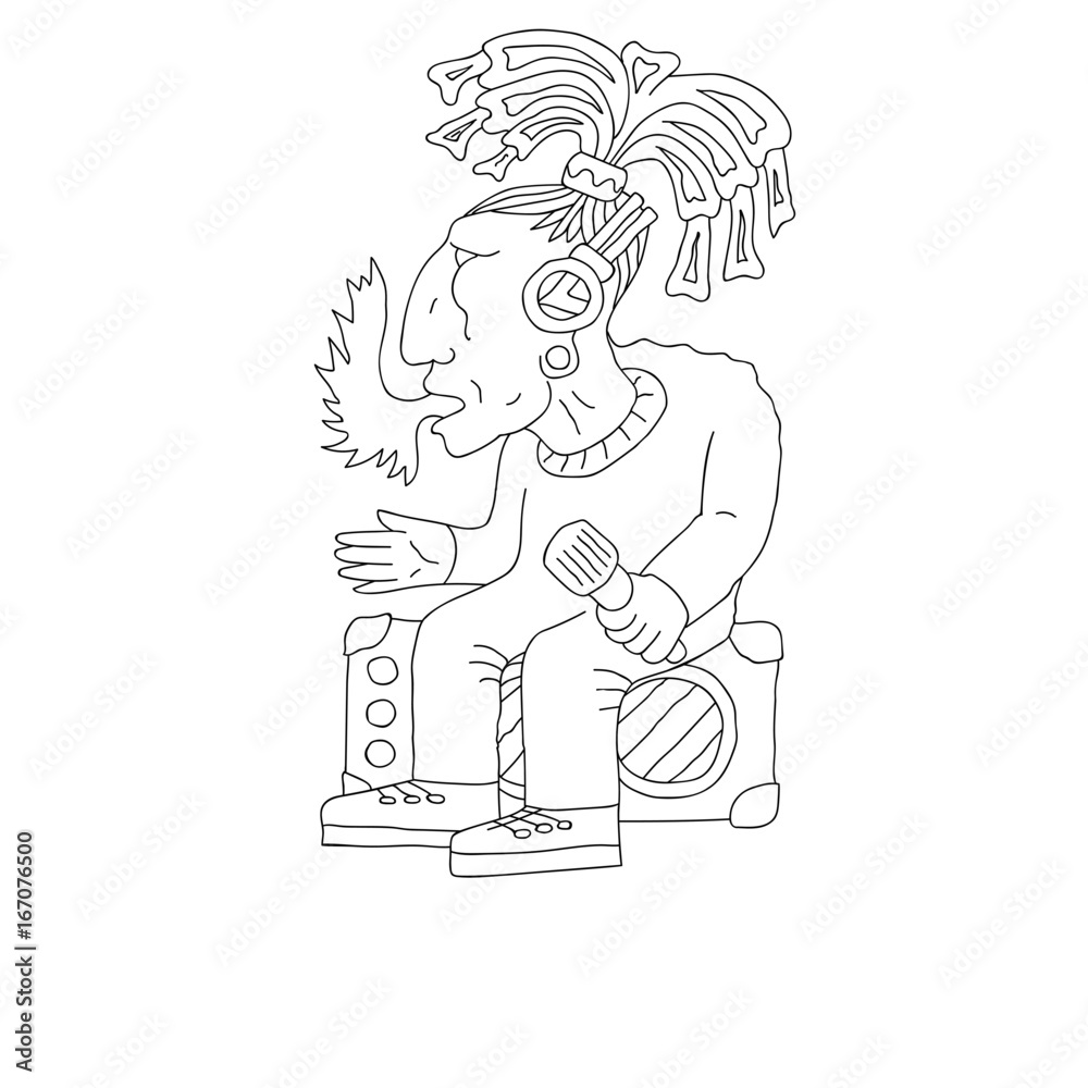 Indian tribe chief aztec fire coming from mouth, holding microphone, sitting on stereo amplifiers, doodle, hand drawn sketch, cartoon type, conceptual