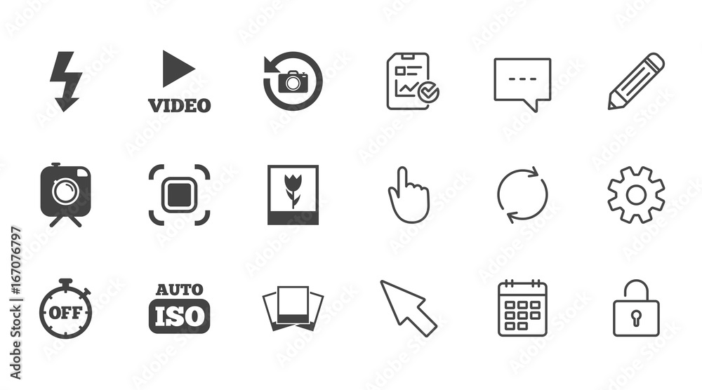 Photo, video icons. Camera, photos and frame. Photo, video icons. Camera, photos and frame.