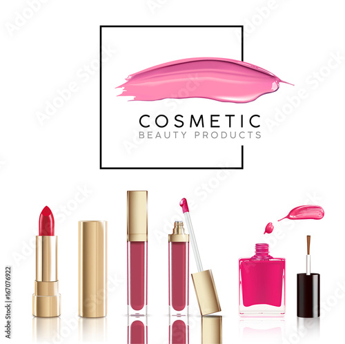 Beautiful cosmetic set in gold. lipstick, lip gloss and nail polish with smear. Makeup realistic cosmetic vector isolated on white.