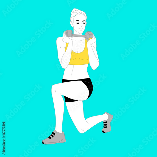 The girl is doing sports exercises with dumbbells isolated on blue background. Vector illustration.
