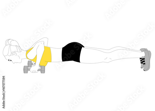 The girl is doing sports exercises bench press with dumbbells isolated on white background. Vector illustration.