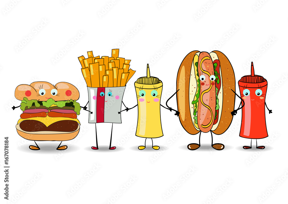 Colorful takeaway cartoon food, a cheeseburger, hot dog, French fries, mustard, ketchup. Vector Stock Vector | Adobe Stock Colorful takeaway cartoon food, a cheeseburger, hot dog, French fries, mustard, ketchup. Vector Stock Vector | Adobe Stock